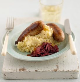 Sausage mash with red onion relish