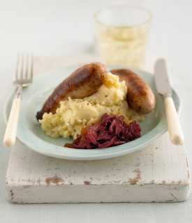 Sausage mash with red onion relish